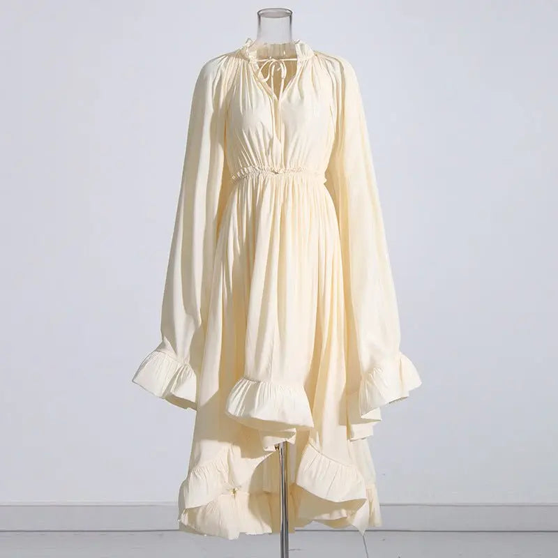 French Palace Style V-Neck Long Sleeve Shawl Pleated Ruffle Dress - Blade & Thread