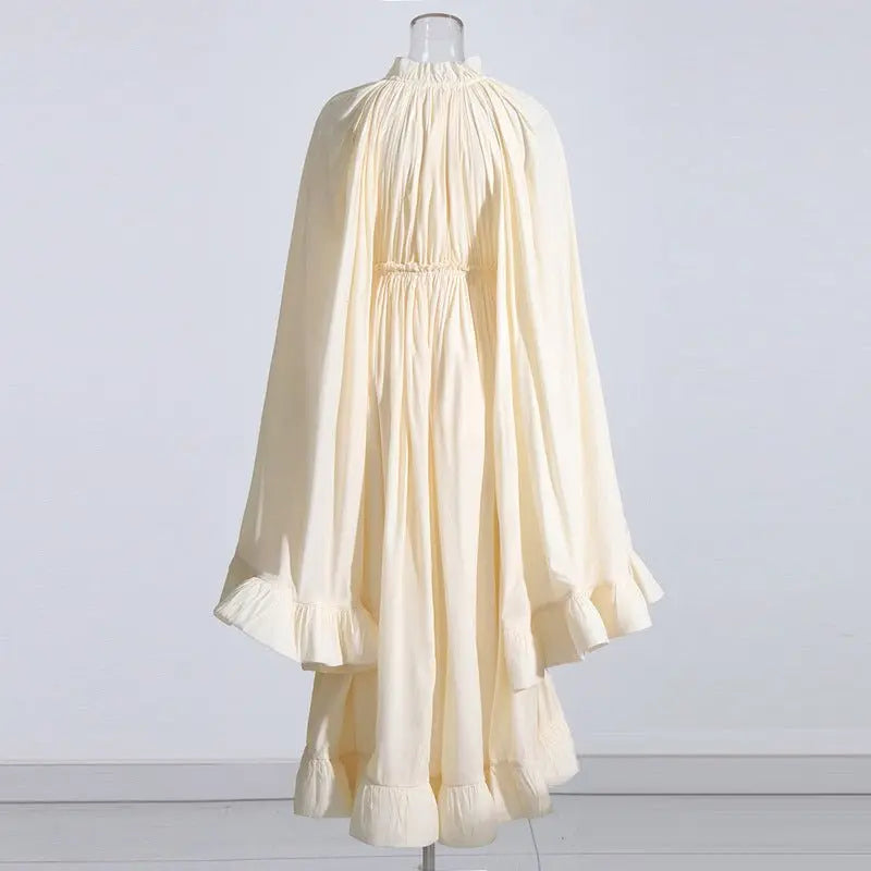 French Palace Style V-Neck Long Sleeve Shawl Pleated Ruffle Dress - Blade & Thread