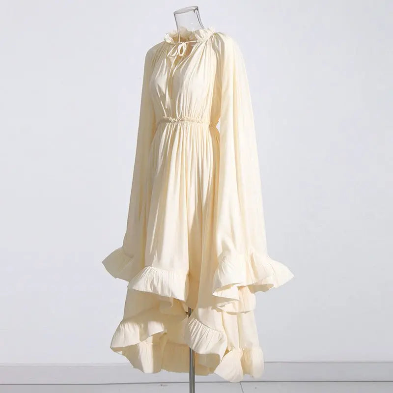 French Palace Style V-Neck Long Sleeve Shawl Pleated Ruffle Dress - Blade & Thread