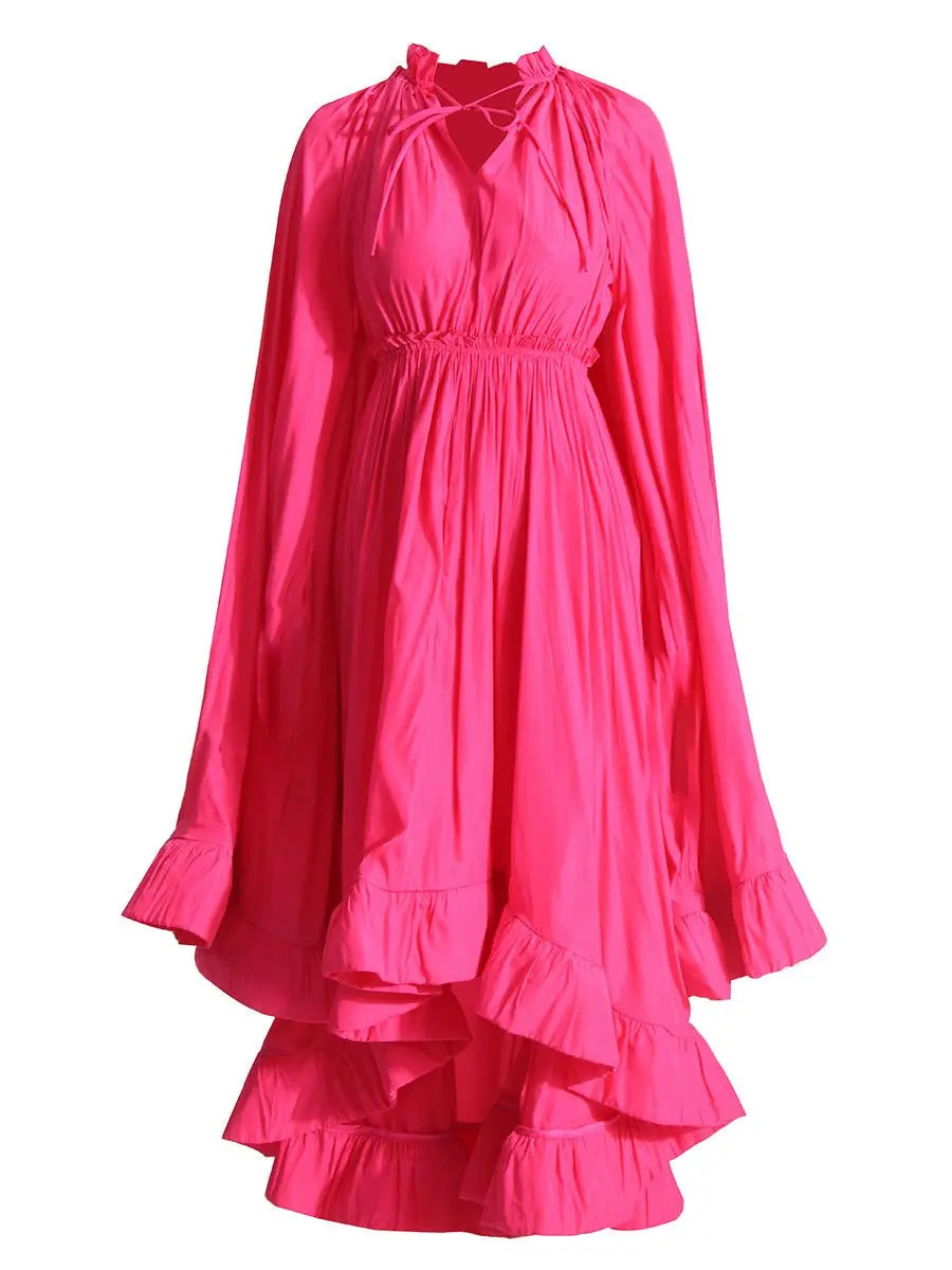 French Palace Style V-Neck Long Sleeve Shawl Pleated Ruffle Dress - Blade & Thread