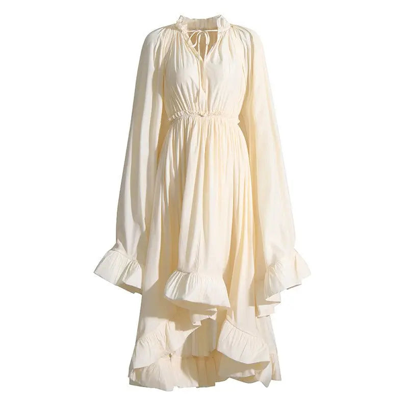 French Palace Style V-Neck Long Sleeve Shawl Pleated Ruffle Dress - Blade & Thread