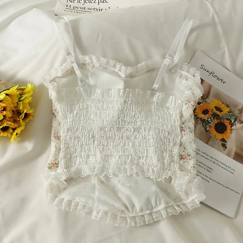 French Print Lace Cami Crop Tank Top Camisole Women's Tube Top Elegant Slim Short Tanks Vest Y2k - Blade & Thread