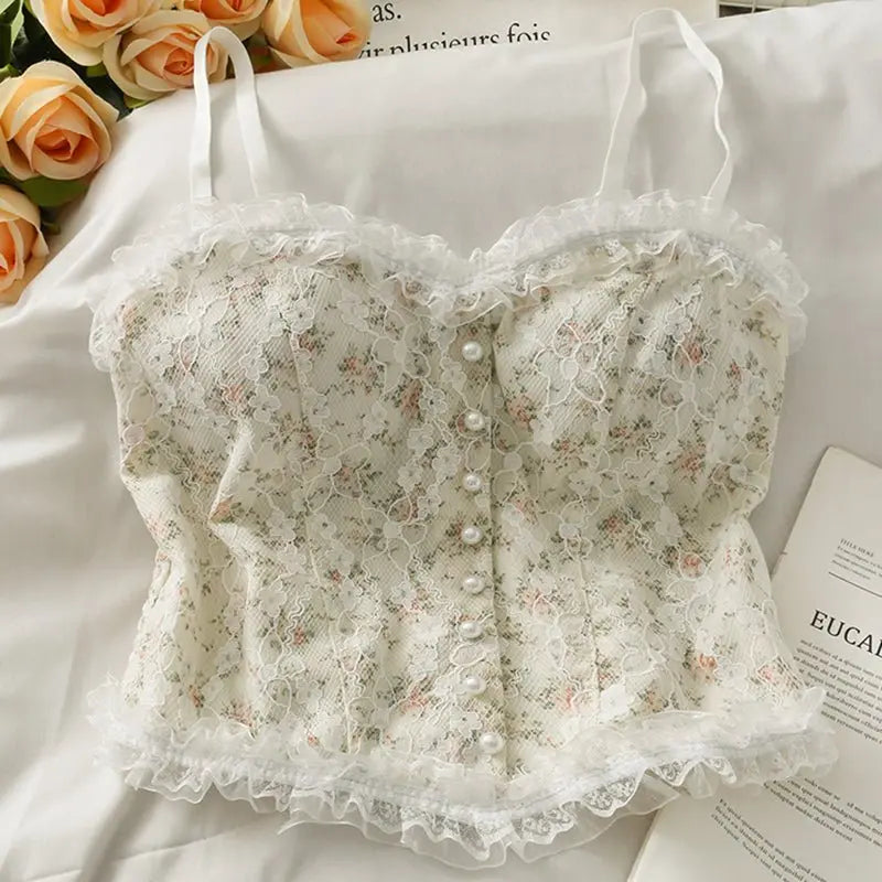 French Print Lace Cami Crop Tank Top Camisole Women's Tube Top Elegant Slim Short Tanks Vest Y2k - Blade & Thread