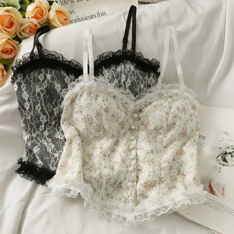 French Print Lace Cami Crop Tank Top Camisole Women's Tube Top Elegant Slim Short Tanks Vest Y2k - Blade & Thread