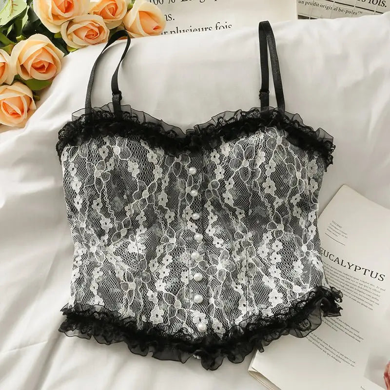 French Print Lace Cami Crop Tank Top Camisole Women's Tube Top Elegant Slim Short Tanks Vest Y2k - Blade & Thread