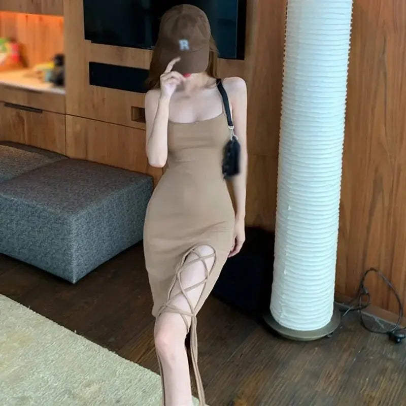 French Slim Fit Split Strap Dress Sleeveless Strap Dress - Blade & Thread