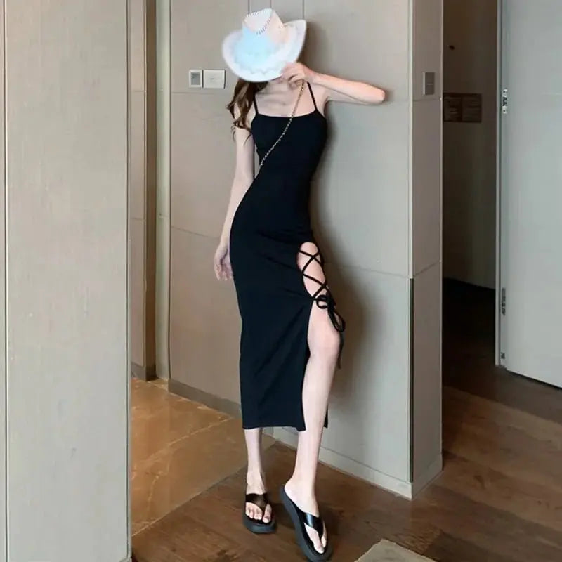 French Slim Fit Split Strap Dress Sleeveless Strap Dress - Blade & Thread