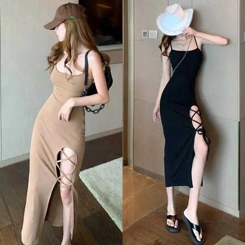 French Slim Fit Split Strap Dress Sleeveless Strap Dress - Blade & Thread