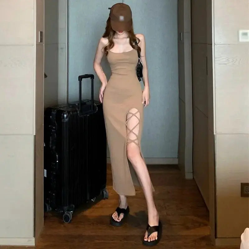 French Slim Fit Split Strap Dress Sleeveless Strap Dress - Blade & Thread