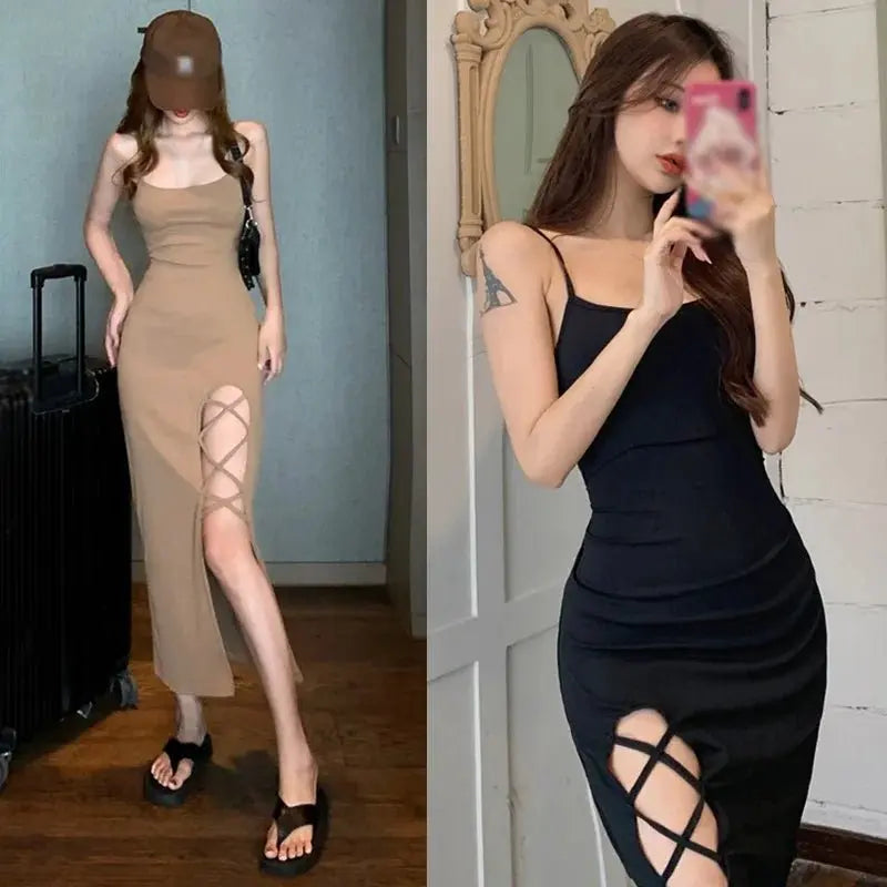French Slim Fit Split Strap Dress Sleeveless Strap Dress - Blade & Thread