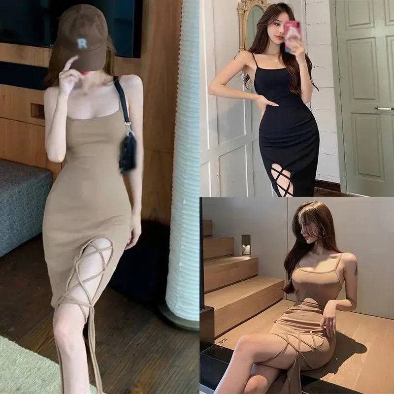 French Slim Fit Split Strap Dress Sleeveless Strap Dress - Blade & Thread