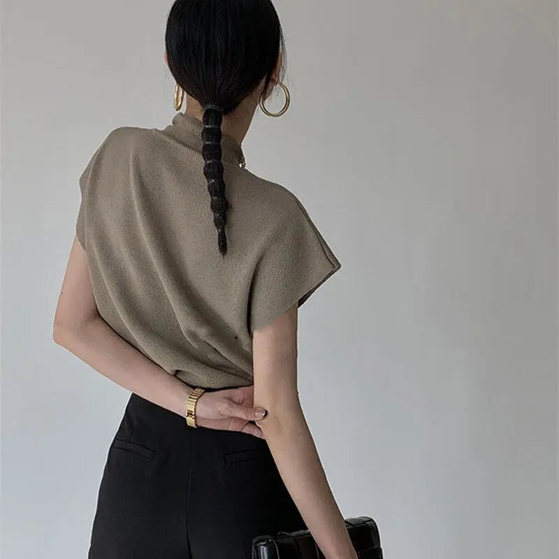 French Turtleneck Knitted Women Spring Summer Design Loose Short Sleeve Cropped Tops Female - Blade & Thread