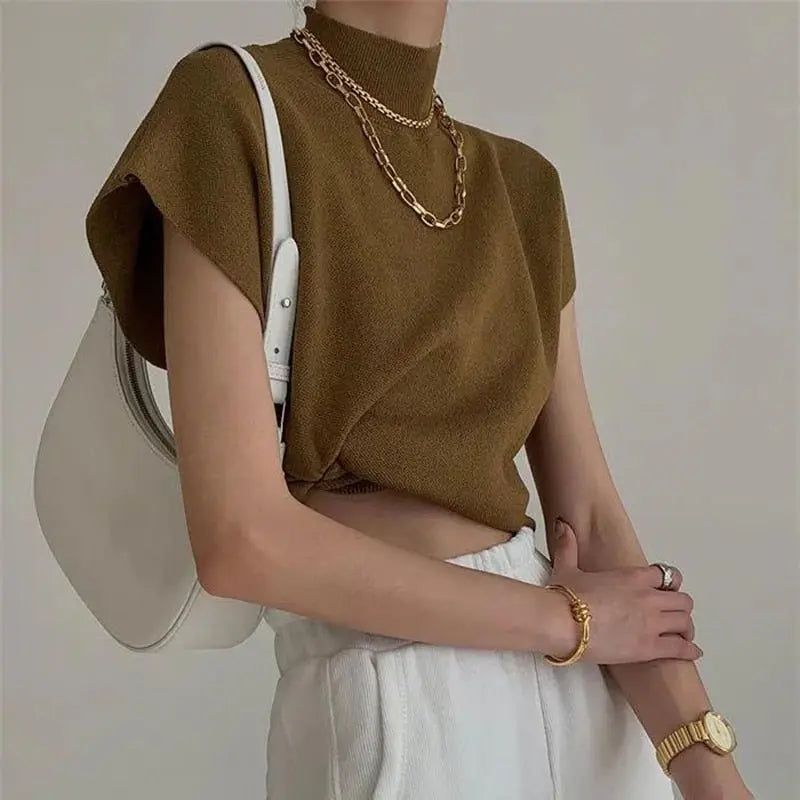 French Turtleneck Knitted Women Spring Summer Design Loose Short Sleeve Cropped Tops Female - Blade & Thread
