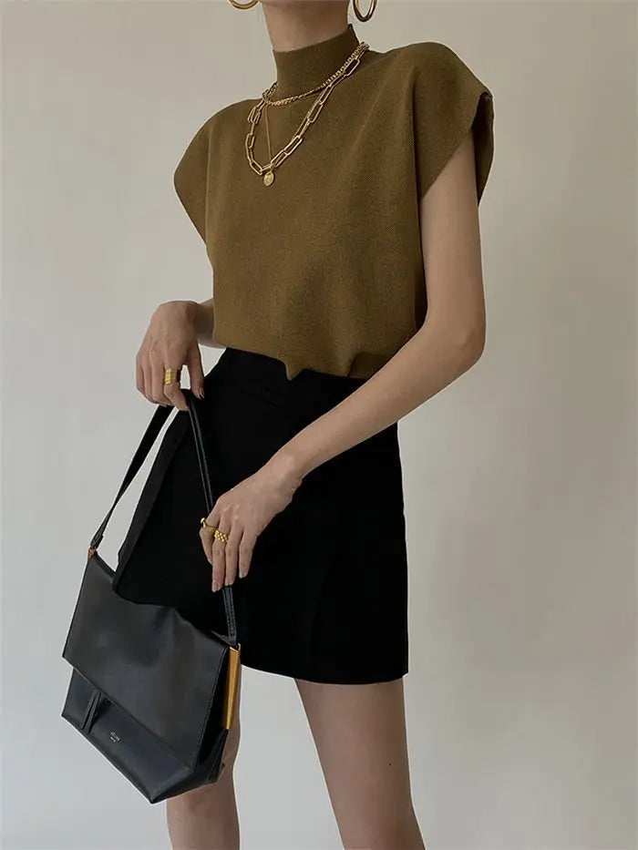 French Turtleneck Knitted Women Spring Summer Design Loose Short Sleeve Cropped Tops Female - Blade & Thread