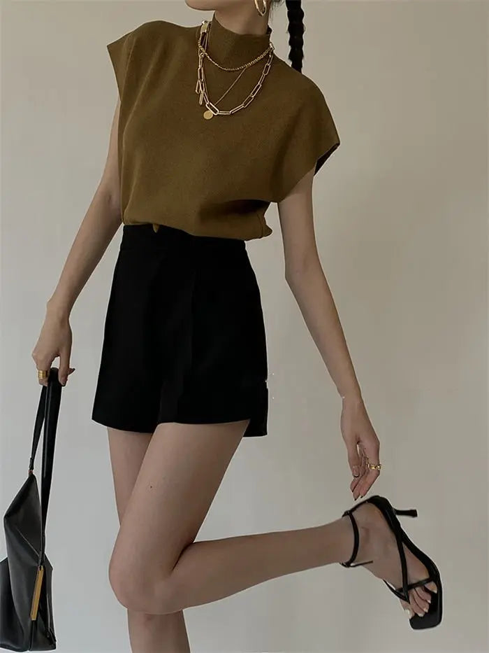 French Turtleneck Knitted Women Spring Summer Design Loose Short Sleeve Cropped Tops Female - Blade & Thread