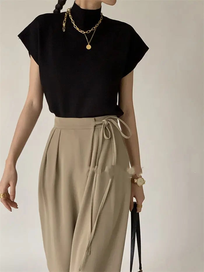 French Turtleneck Knitted Women Spring Summer Design Loose Short Sleeve Cropped Tops Female - Blade & Thread