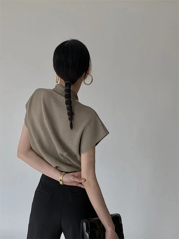 French Turtleneck Knitted Women Spring Summer Design Loose Short Sleeve Cropped Tops Female - Blade & Thread