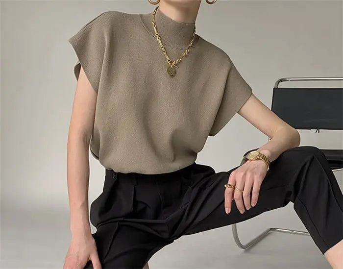 French Turtleneck Knitted Women Spring Summer Design Loose Short Sleeve Cropped Tops Female - Blade & Thread