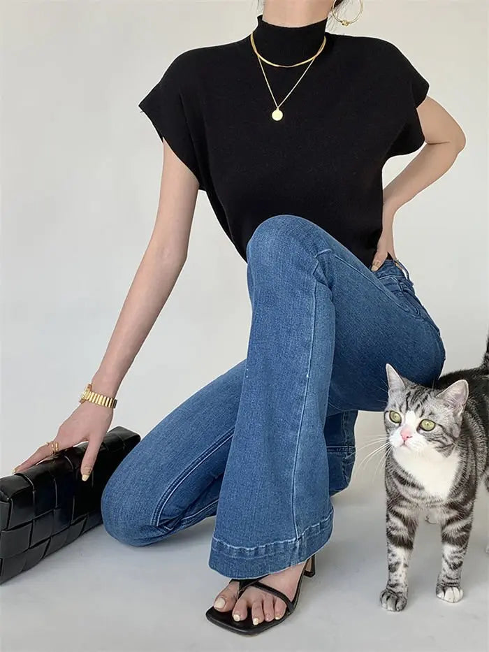 French Turtleneck Knitted Women Spring Summer Design Loose Short Sleeve Cropped Tops Female - Blade & Thread