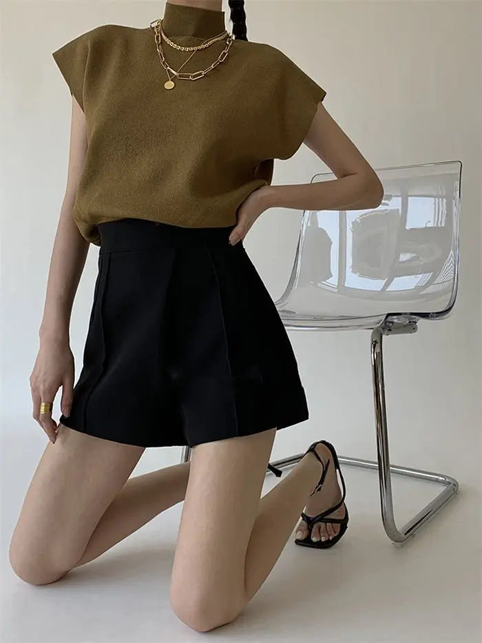 French Turtleneck Knitted Women Spring Summer Design Loose Short Sleeve Cropped Tops Female - Blade & Thread