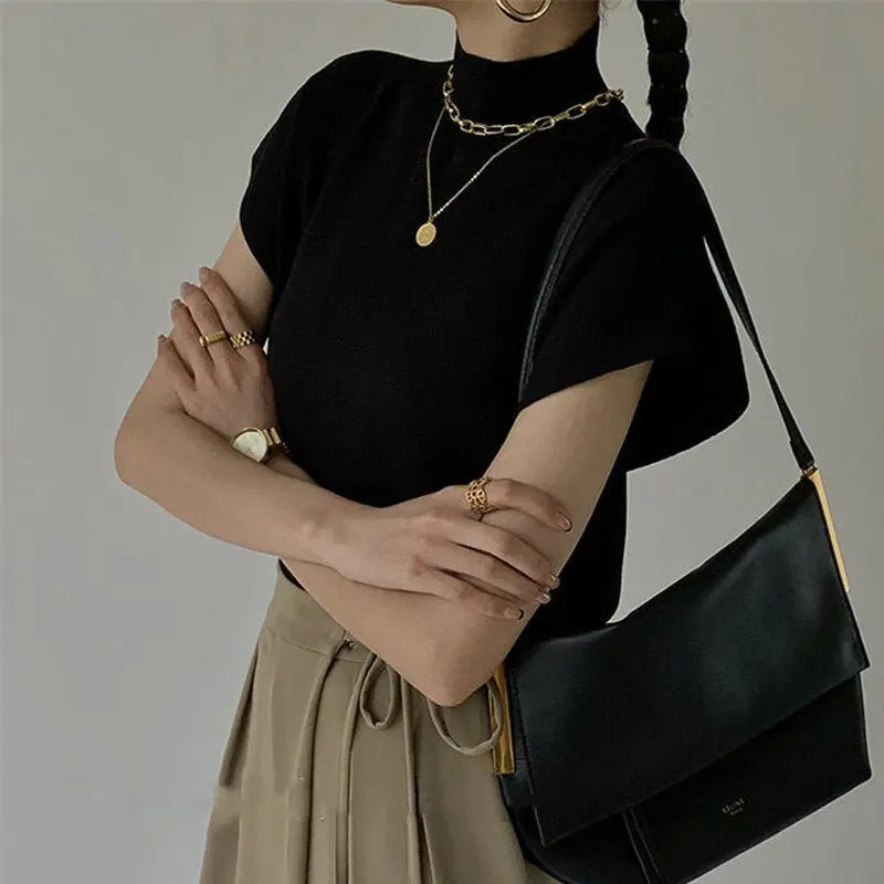French Turtleneck Knitted Women Spring Summer Design Loose Short Sleeve Cropped Tops Female - Blade & Thread