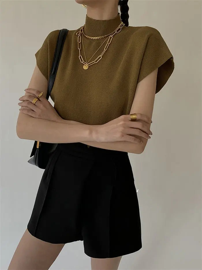French Turtleneck Knitted Women Spring Summer Design Loose Short Sleeve Cropped Tops Female - Blade & Thread