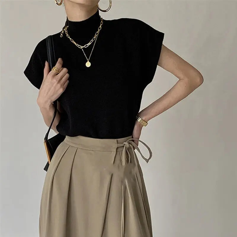 French Turtleneck Knitted Women Spring Summer Design Loose Short Sleeve Cropped Tops Female - Blade & Thread