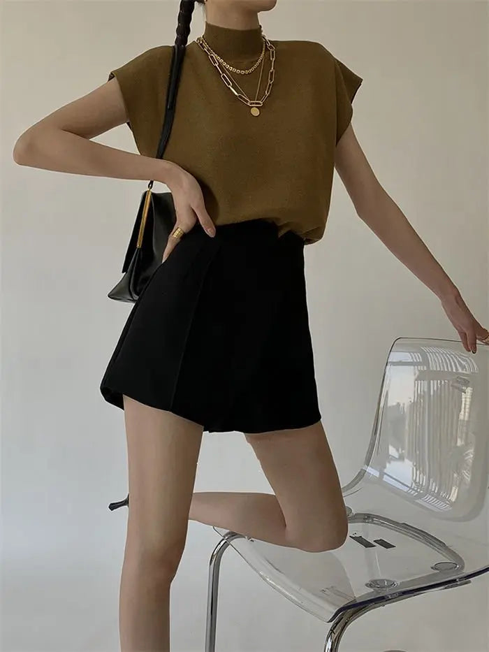 French Turtleneck Knitted Women Spring Summer Design Loose Short Sleeve Cropped Tops Female - Blade & Thread