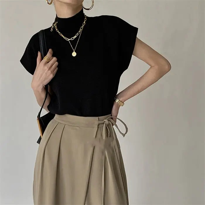French Turtleneck Knitted Women Spring Summer Design Loose Short Sleeve Cropped Tops Female - Blade & Thread