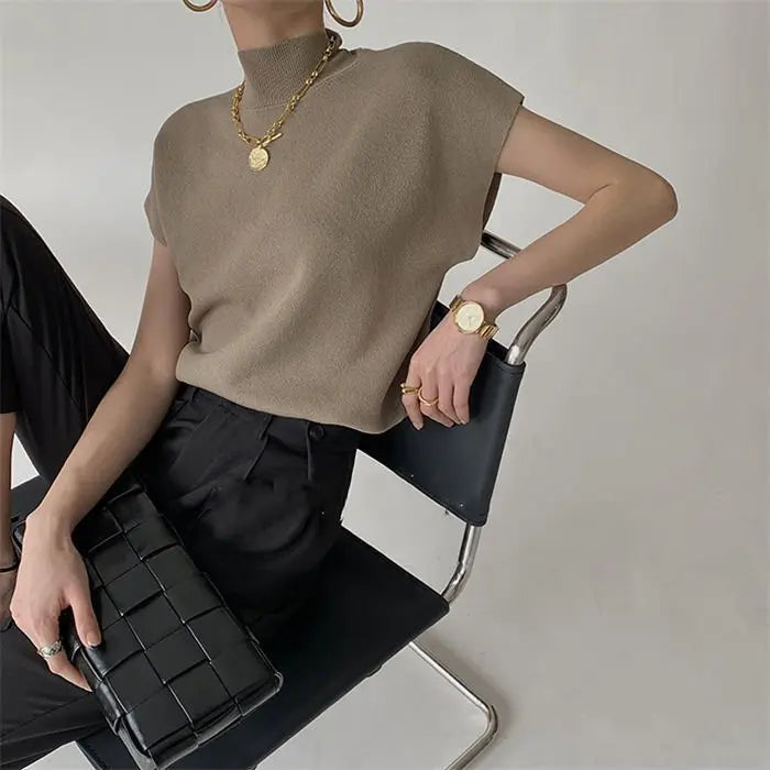 French Turtleneck Knitted Women Spring Summer Design Loose Short Sleeve Cropped Tops Female - Blade & Thread