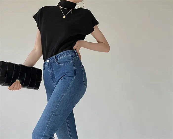 French Turtleneck Knitted Women Spring Summer Design Loose Short Sleeve Cropped Tops Female - Blade & Thread