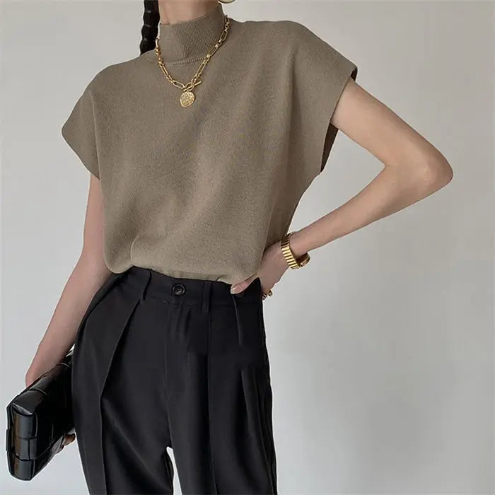 French Turtleneck Knitted Women Spring Summer Design Loose Short Sleeve Cropped Tops Female - Blade & Thread