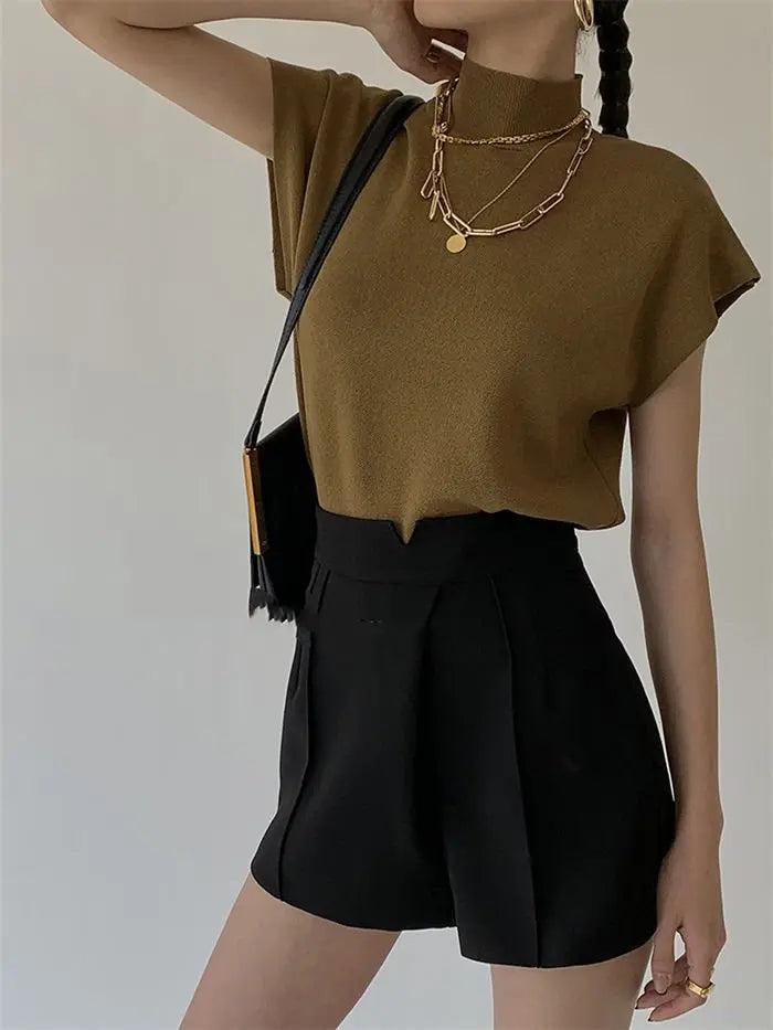 French Turtleneck Knitted Women Spring Summer Design Loose Short Sleeve Cropped Tops Female - Blade & Thread