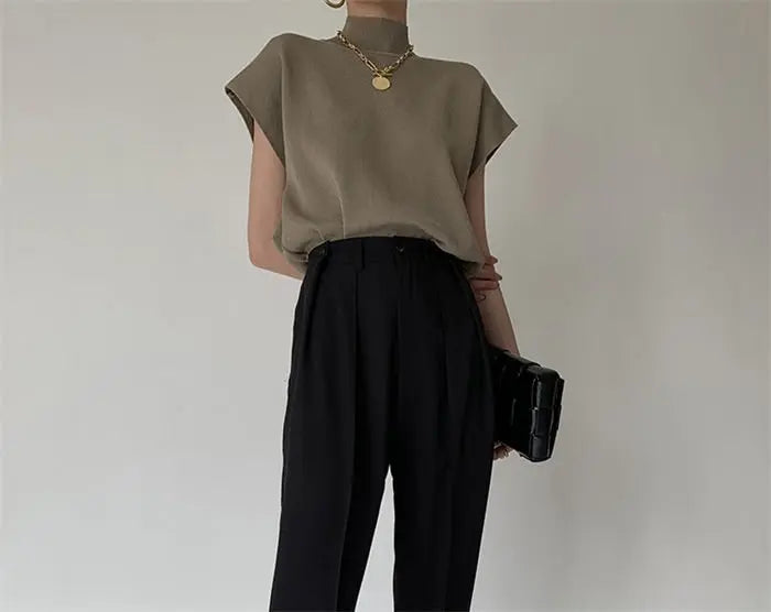 French Turtleneck Knitted Women Spring Summer Design Loose Short Sleeve Cropped Tops Female - Blade & Thread
