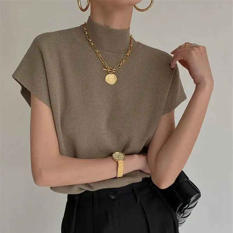 French Turtleneck Knitted Women Spring Summer Design Loose Short Sleeve Cropped Tops Female - Blade & Thread