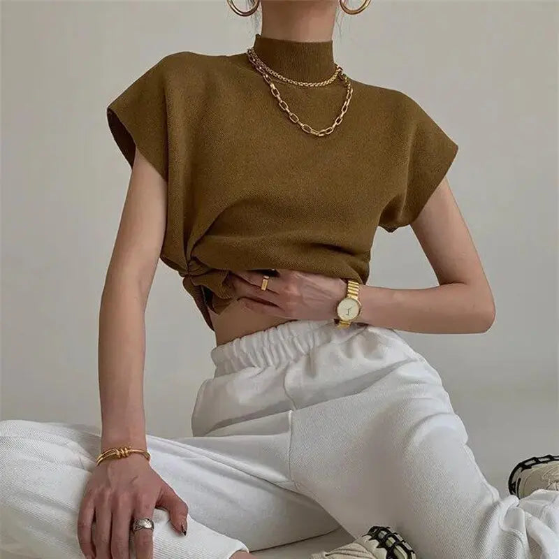 French Turtleneck Knitted Women Spring Summer Design Loose Short Sleeve Cropped Tops Female - Blade & Thread