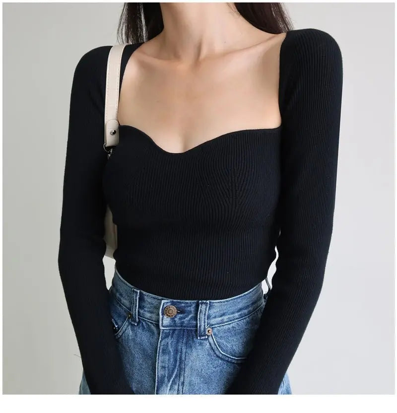 French Vintage Square Neck Knitted Tops Women Skinny Long Sleeve Pullover T-shirts Female - Blade & Thread