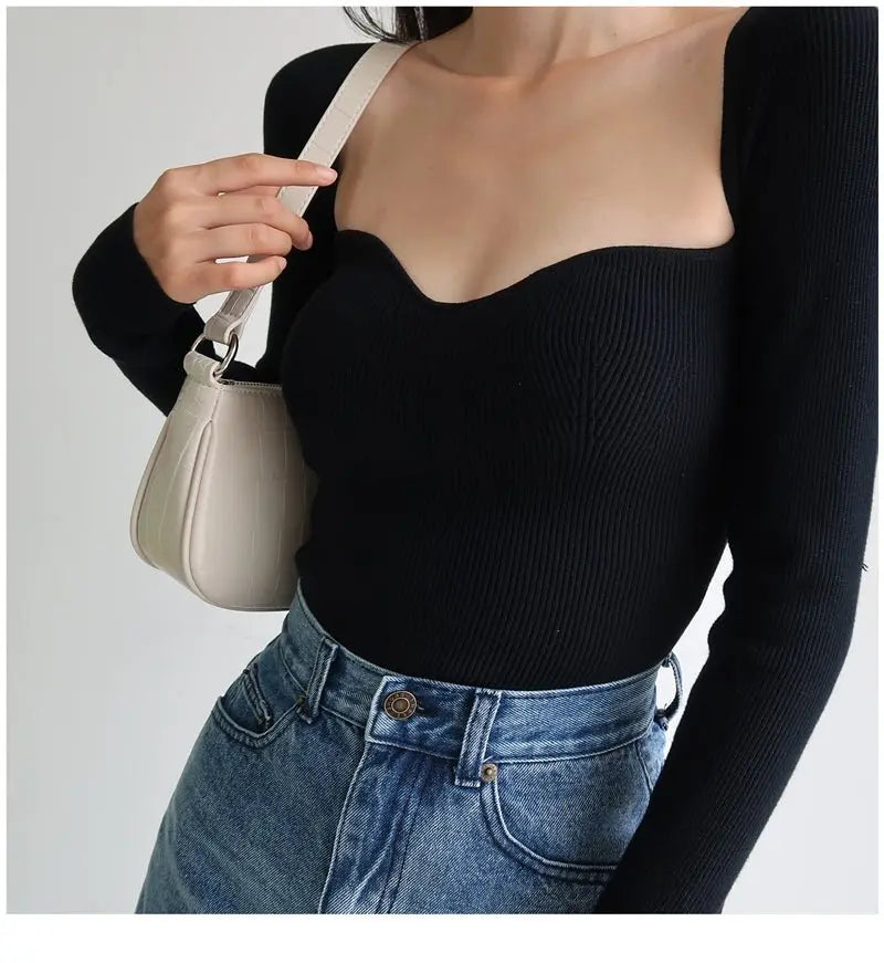 French Vintage Square Neck Knitted Tops Women Skinny Long Sleeve Pullover T-shirts Female - Blade & Thread