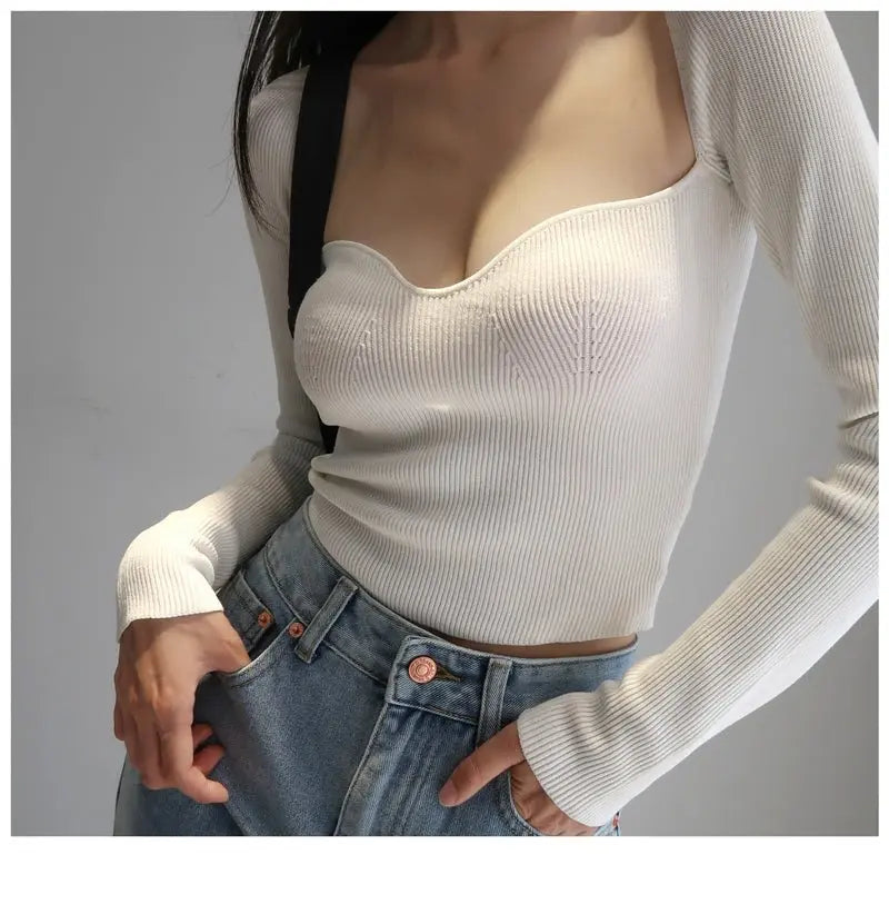 French Vintage Square Neck Knitted Tops Women Skinny Long Sleeve Pullover T-shirts Female - Blade & Thread