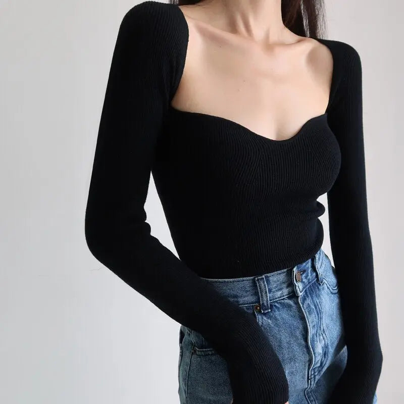 French Vintage Square Neck Knitted Tops Women Skinny Long Sleeve Pullover T-shirts Female - Blade & Thread