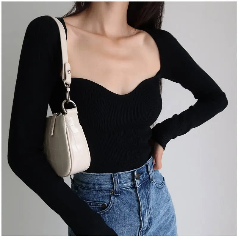 French Vintage Square Neck Knitted Tops Women Skinny Long Sleeve Pullover T-shirts Female - Blade & Thread