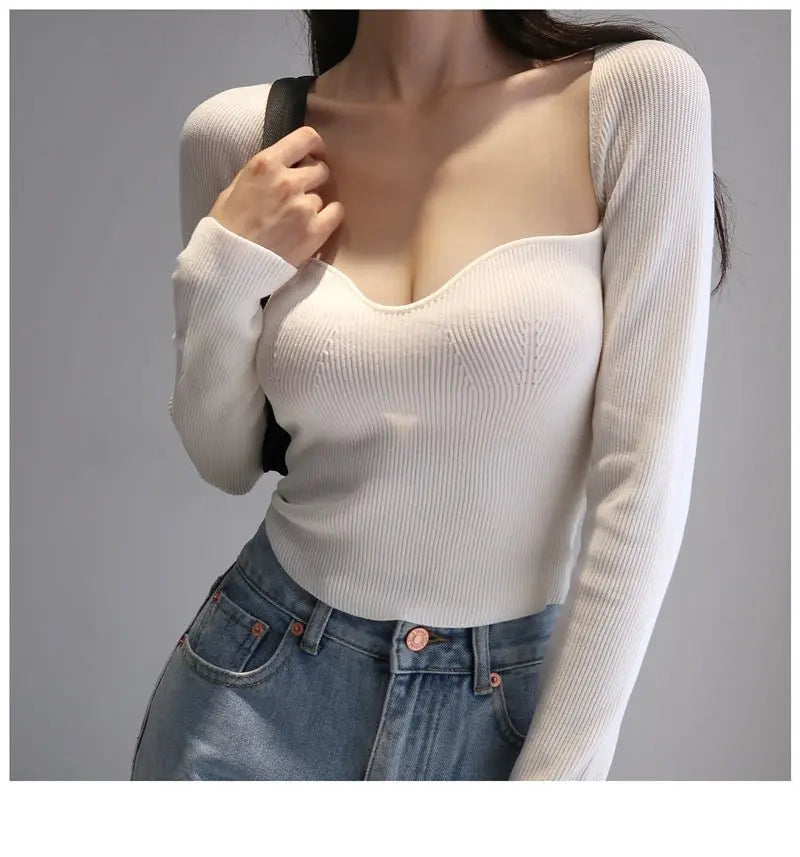 French Vintage Square Neck Knitted Tops Women Skinny Long Sleeve Pullover T-shirts Female - Blade & Thread