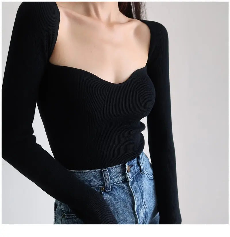 French Vintage Square Neck Knitted Tops Women Skinny Long Sleeve Pullover T-shirts Female - Blade & Thread
