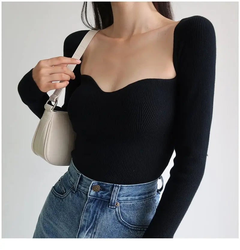 French Vintage Square Neck Knitted Tops Women Skinny Long Sleeve Pullover T-shirts Female - Blade & Thread