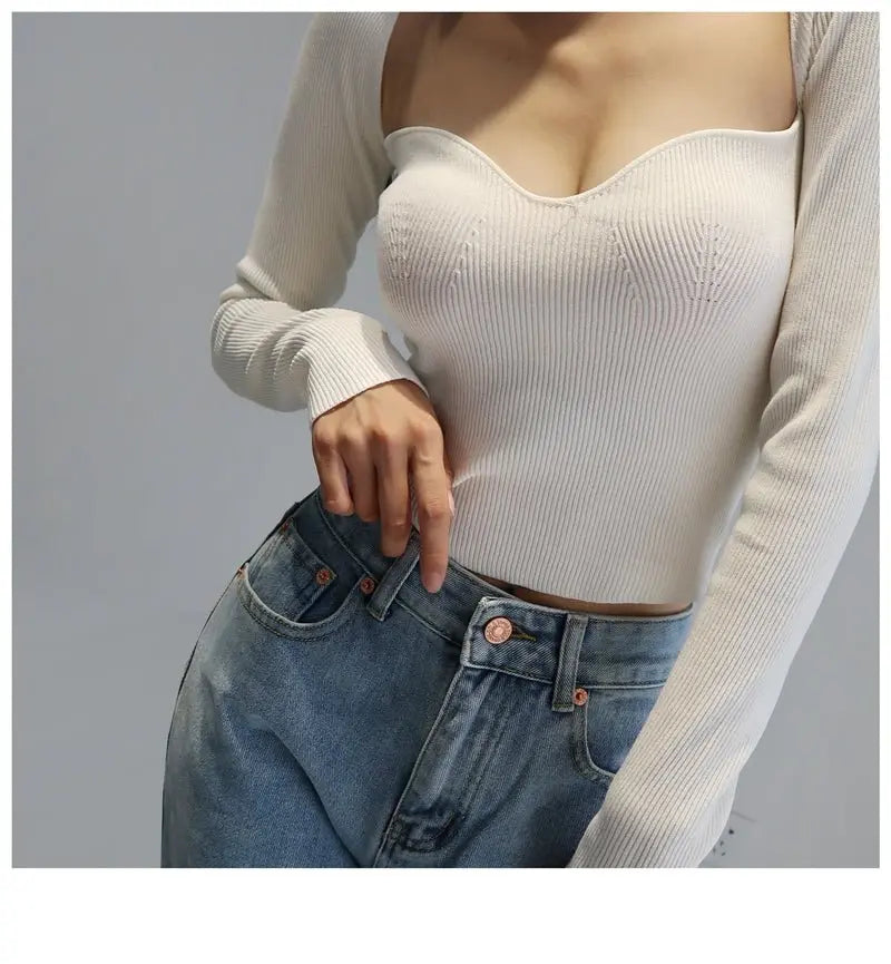 French Vintage Square Neck Knitted Tops Women Skinny Long Sleeve Pullover T-shirts Female - Blade & Thread