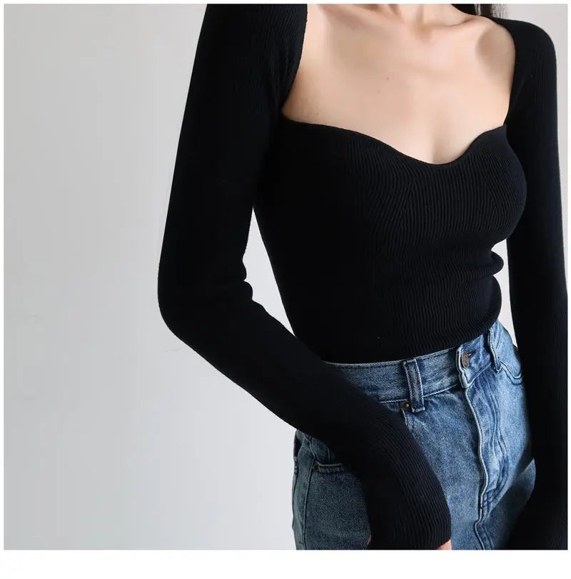French Vintage Square Neck Knitted Tops Women Skinny Long Sleeve Pullover T-shirts Female - Blade & Thread