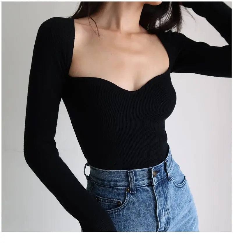 French Vintage Square Neck Knitted Tops Women Skinny Long Sleeve Pullover T-shirts Female - Blade & Thread