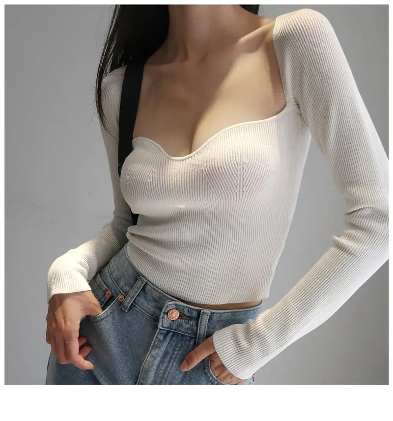 French Vintage Square Neck Knitted Tops Women Skinny Long Sleeve Pullover T-shirts Female - Blade & Thread