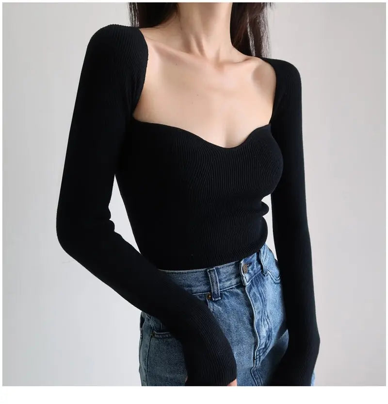 French Vintage Square Neck Knitted Tops Women Skinny Long Sleeve Pullover T-shirts Female - Blade & Thread