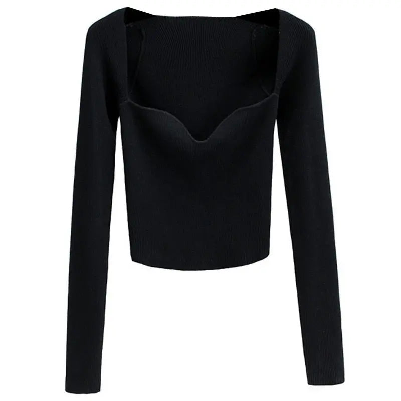 French Vintage Square Neck Knitted Tops Women Skinny Long Sleeve Pullover T-shirts Female - Blade & Thread
